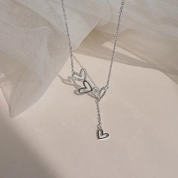 Collier coeur creux en argent regardé 925 avec pendentif pompon en diamant pour femme